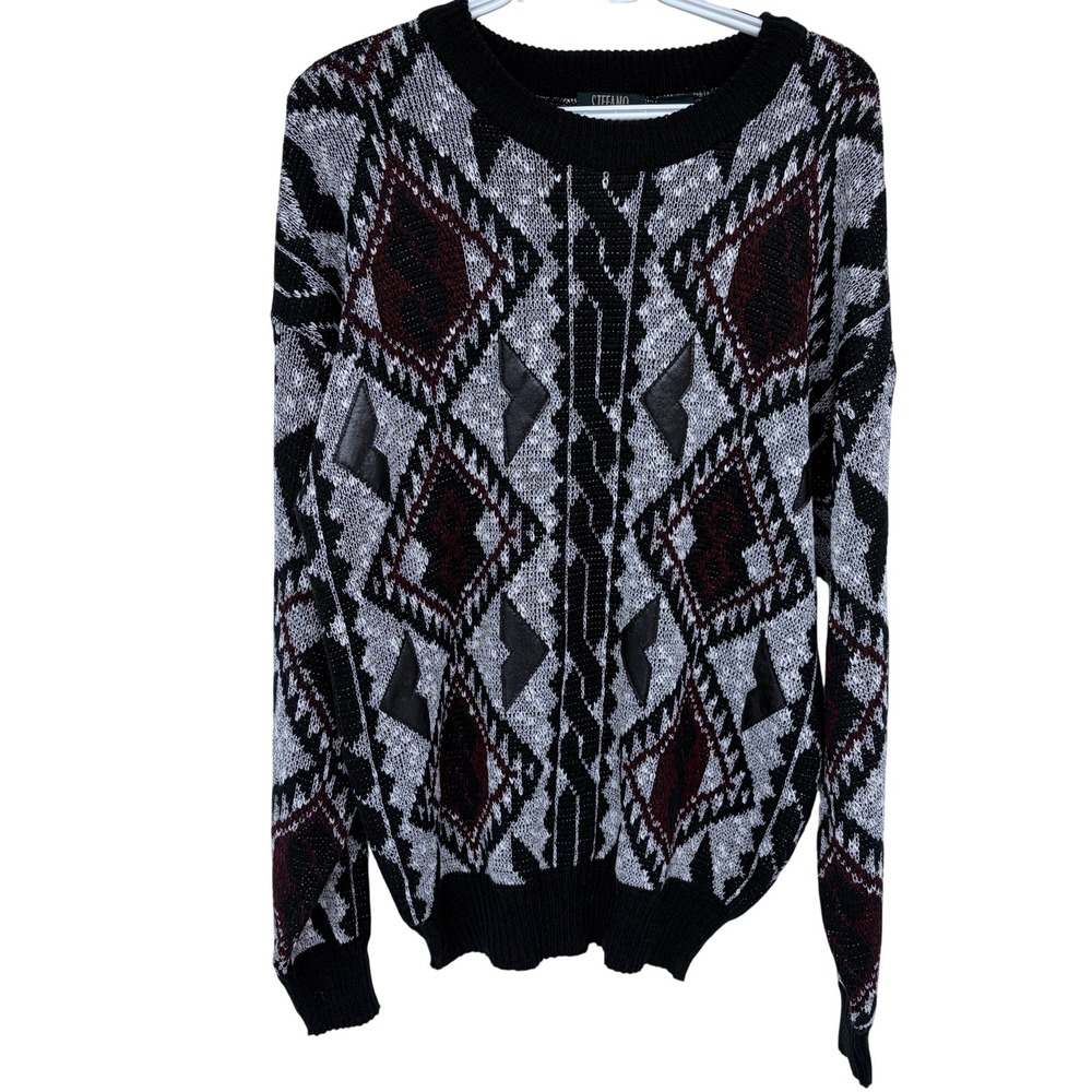 Vintage Geometric Sweater Stefano Man Large Mens Crewneck Knit 90s Multicolor